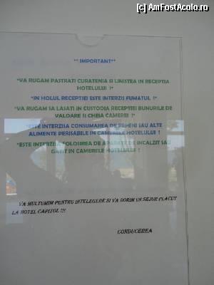 [P04] Hotel Capitol - Jupiter: afis cu 'regulile casei', aflat in zona receptiei » foto by ilincalif*
 - 
<span class="allrVoted glyphicon glyphicon-heart hidden" id="av369388"></span>
<a class="m-l-10 hidden" id="sv369388" onclick="voting_Foto_DelVot(,369388,2316)" role="button">șterge vot <span class="glyphicon glyphicon-remove"></span></a>
<a id="v9369388" class=" c-red"  onclick="voting_Foto_SetVot(369388)" role="button"><span class="glyphicon glyphicon-heart-empty"></span> <b>LIKE</b> = Votează poza</a> <img class="hidden"  id="f369388W9" src="/imagini/loader.gif" border="0" /><span class="AjErrMes hidden" id="e369388ErM"></span>