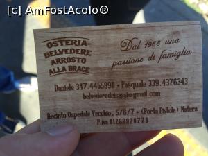 [P80] Cartea de vizită de la Osteria lui Don Pasquale din Matera unde soțului meu i-a rămas gândul.  » foto by Aurici
 - 
<span class="allrVoted glyphicon glyphicon-heart hidden" id="av738529"></span>
<a class="m-l-10 hidden" id="sv738529" onclick="voting_Foto_DelVot(,738529,6642)" role="button">șterge vot <span class="glyphicon glyphicon-remove"></span></a>
<a id="v9738529" class=" c-red"  onclick="voting_Foto_SetVot(738529)" role="button"><span class="glyphicon glyphicon-heart-empty"></span> <b>LIKE</b> = Votează poza</a> <img class="hidden"  id="f738529W9" src="/imagini/loader.gif" border="0" /><span class="AjErrMes hidden" id="e738529ErM"></span>
