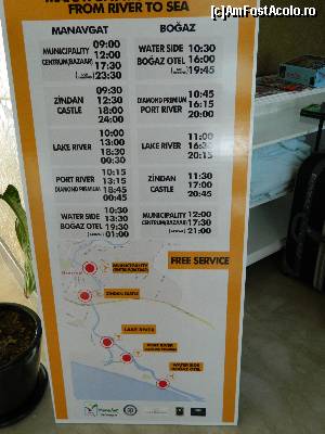 [P24] pentru doritorii de croaziere pe raul Manavgat acesta este programul si locurile de imbarcare. Gratuit prin bunavointa municipalitatii din Manavgat » foto by ruxy67
 - 
<span class="allrVoted glyphicon glyphicon-heart hidden" id="av667077"></span>
<a class="m-l-10 hidden" id="sv667077" onclick="voting_Foto_DelVot(,667077,18472)" role="button">șterge vot <span class="glyphicon glyphicon-remove"></span></a>
<a id="v9667077" class=" c-red"  onclick="voting_Foto_SetVot(667077)" role="button"><span class="glyphicon glyphicon-heart-empty"></span> <b>LIKE</b> = Votează poza</a> <img class="hidden"  id="f667077W9" src="/imagini/loader.gif" border="0" /><span class="AjErrMes hidden" id="e667077ErM"></span>